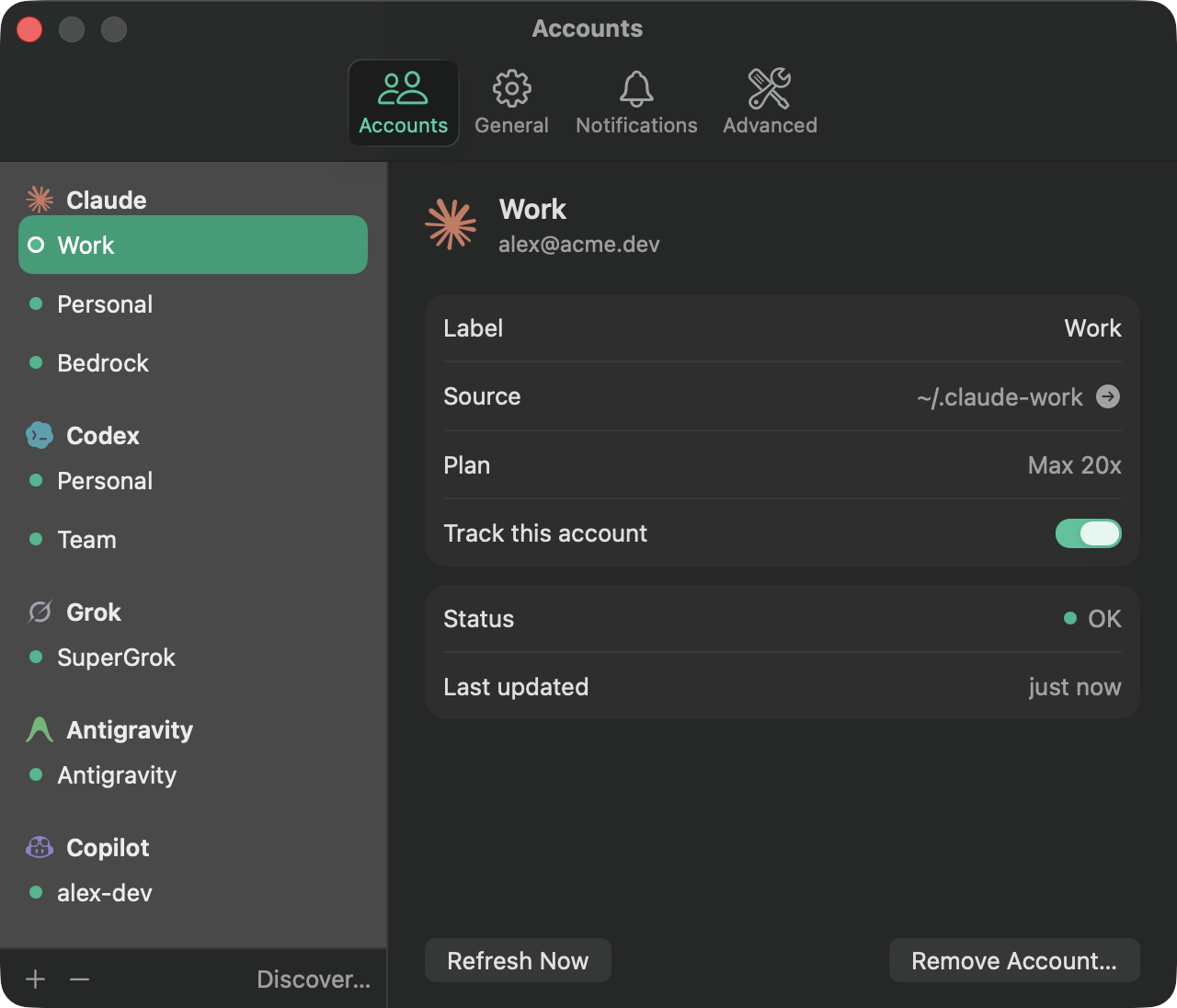 Ressa Settings: accounts grouped by provider in a sidebar, with details for the selected account