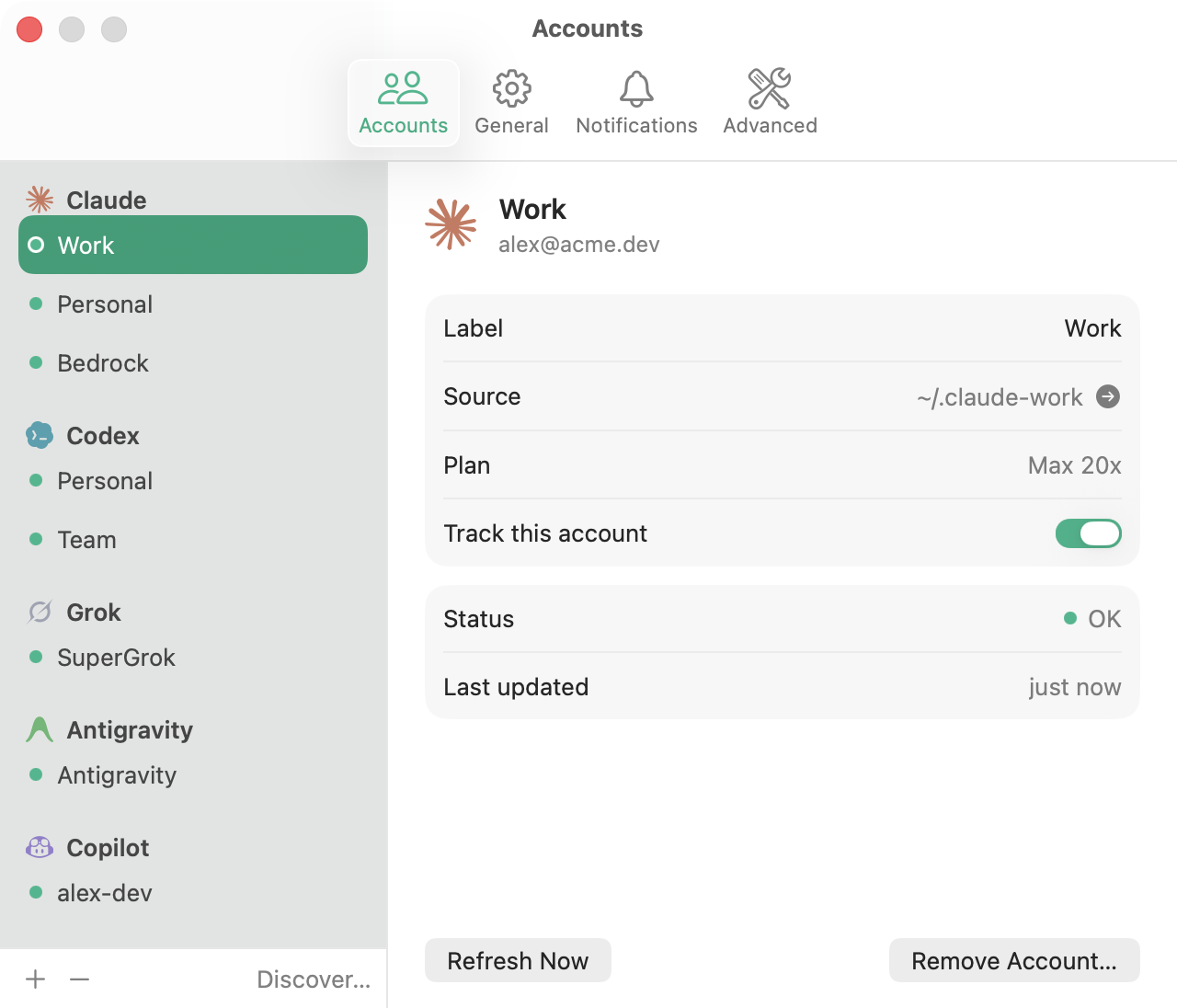 Ressa Settings: accounts grouped by provider in a sidebar, with details for the selected account